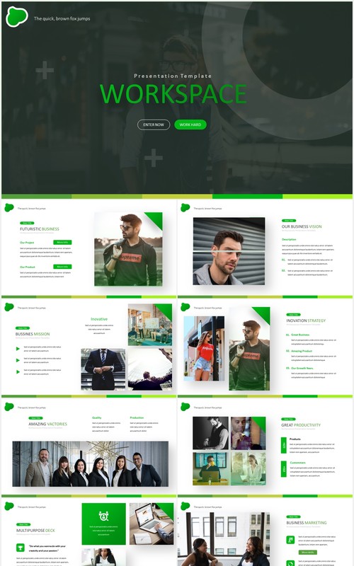 绿色商务工作计划总结汇报PPT国外模板Workspace - Powerpoint Template