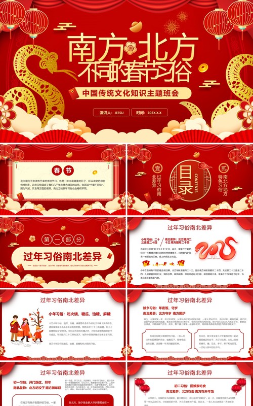 红色中国风南北方春节不同习俗介绍PPT模板