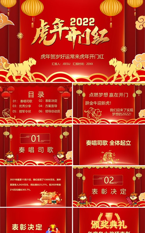 红色国风2022虎年开门红PPT动态模板