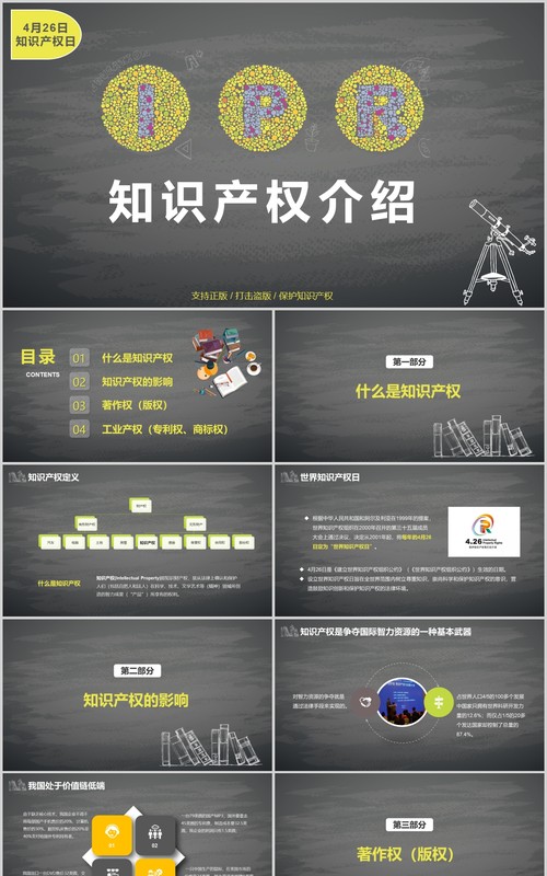灰色IPR世界知识产权宣传PPT模板