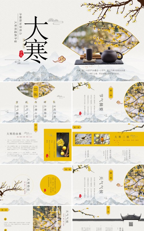 黄色淡雅中国风二十四节气之大寒PPT模板