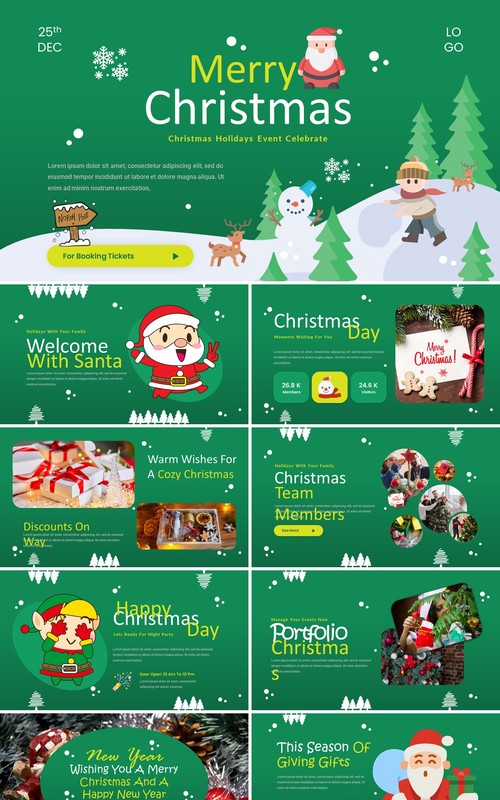 绿色卡通风圣诞节主题活动英文PPT模板Christmas PowerPoint Presentation