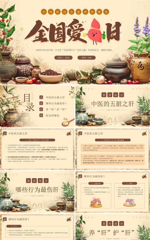 棕色中国风全国爱肝日宣传介绍PPT模板