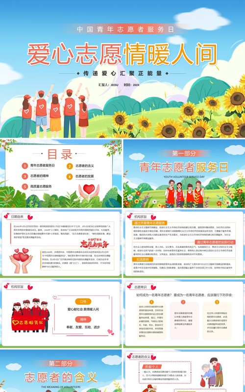 蓝色卡通风中国青年志愿者服务日PPT模板