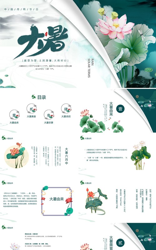绿色小清新传统节日二十四节气大暑介绍PPT模板