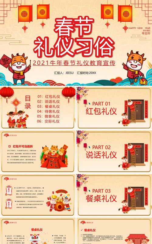 卡通2021年春节礼仪习俗介绍PPT模板