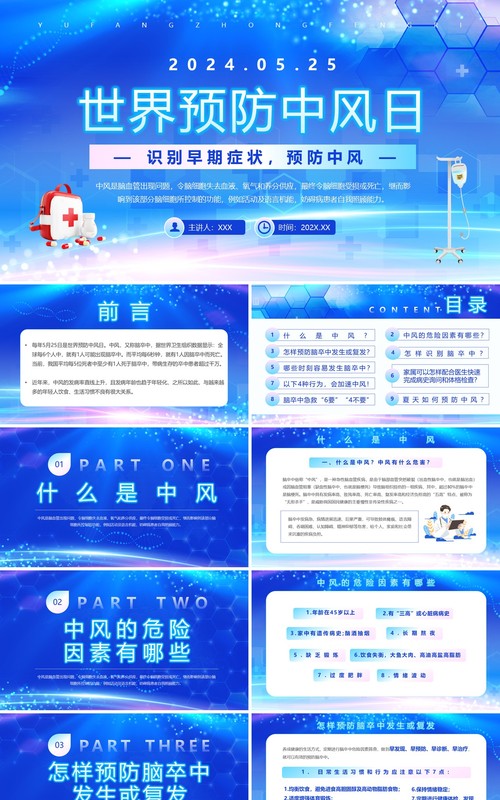 蓝色简约风世界预防中风日PPTT模板