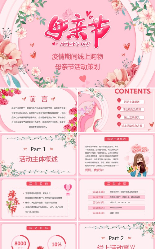 粉色小清新母亲节线上购物活动策划PPT模板