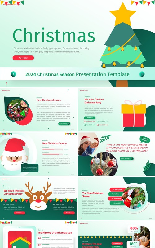 绿色卡通插画风圣诞主题PPT英文模板Christmas Powerpoint
