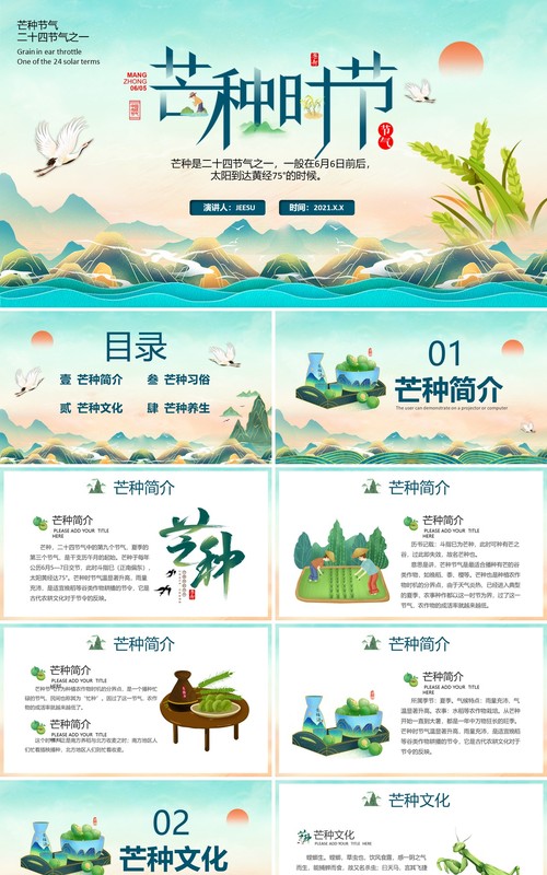 蓝色卡通风中国传统二十四节气芒种PPT模板