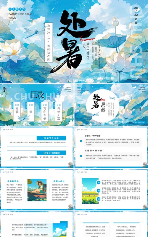 蓝色插画风二十四节气之处暑介绍PPT模板