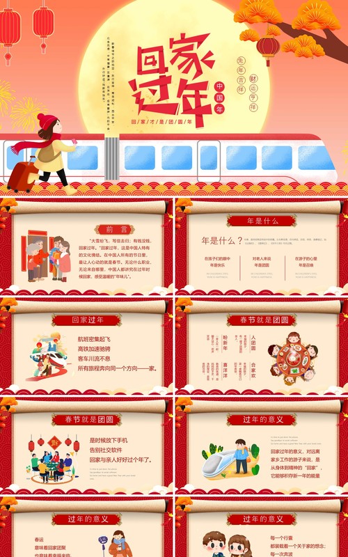 红色中国风春节回家过年PPT通用模板