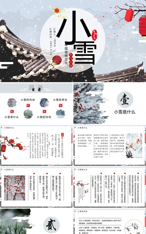 淡雅中国风传统二十四节气之小雪介绍PPT模板