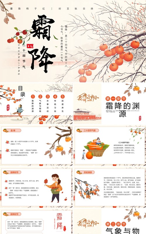 黄色淡雅中国风二十四节气之霜降PPT模板