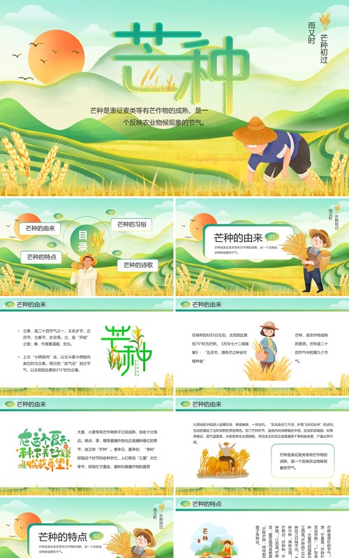 绿色插画风二十四节气之芒种PPT模板