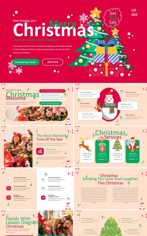 红色庆祝圣诞节新年快乐PPT英文模板Christmas PowerPoint