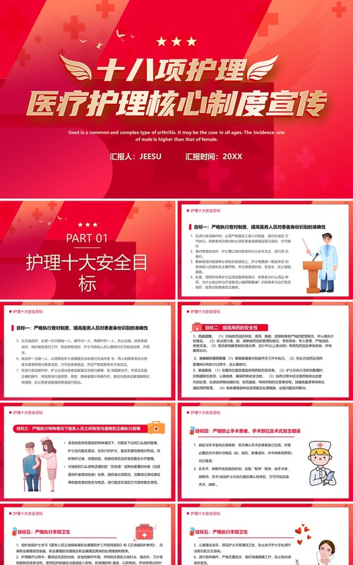 红色简约风十八项护理核心制度宣传PPT模板