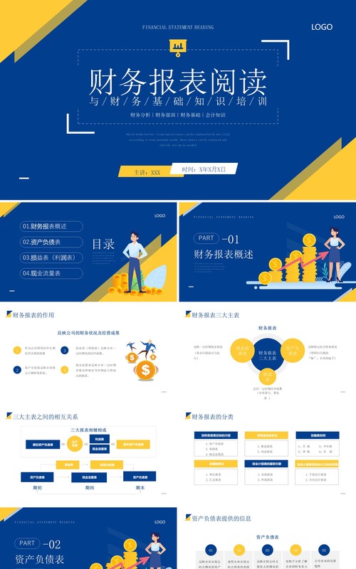黄蓝撞色财务报表阅读与财务基础知识培训PPT模板