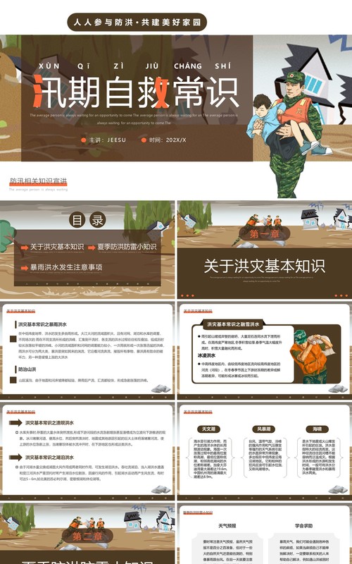 棕色简约风汛期自救常识宣传PPT模板