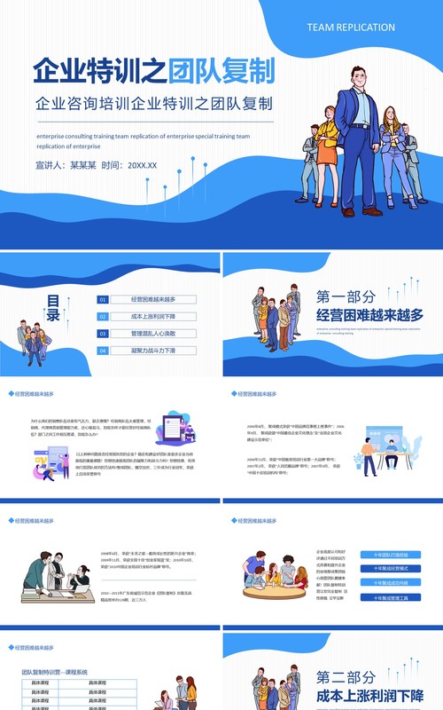 蓝色简约企业咨询培训企业特训之团队复制动态PPT模板
