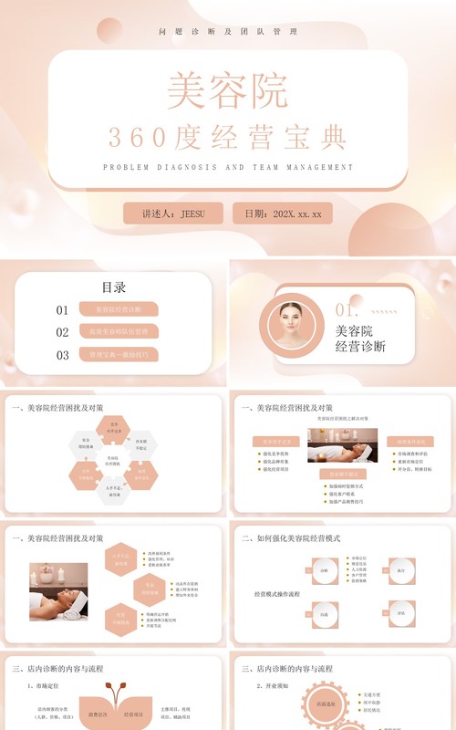 粉色商务美容院360度经营宝典PPT模板