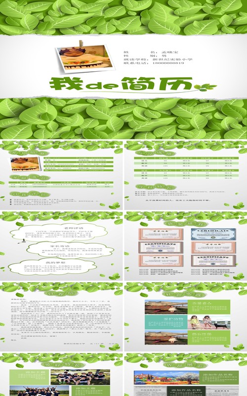 绿色幼升小学生简历自我介绍竖版PPT模板