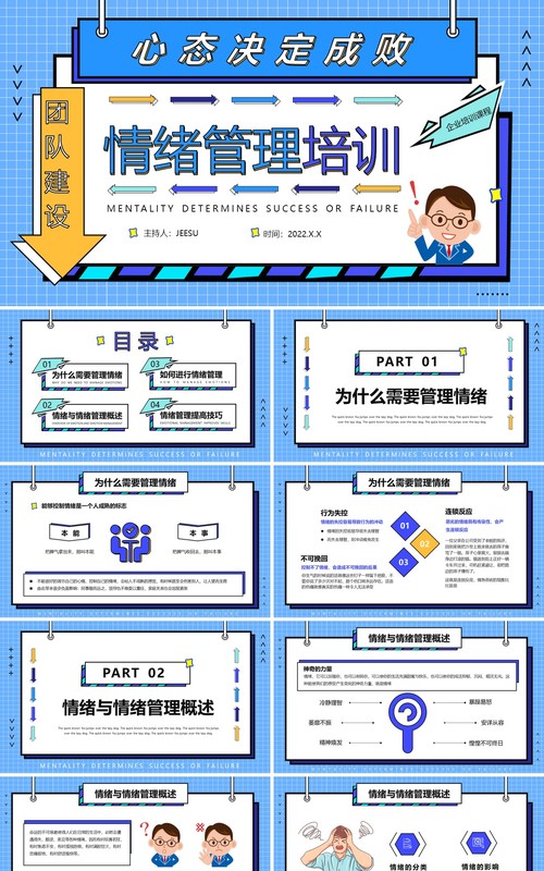 蓝色孟菲斯团队建设情绪管理培训PPT模板