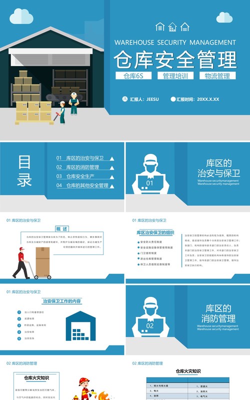 2021蓝色企业简约风仓库安全管理通用PPT模板