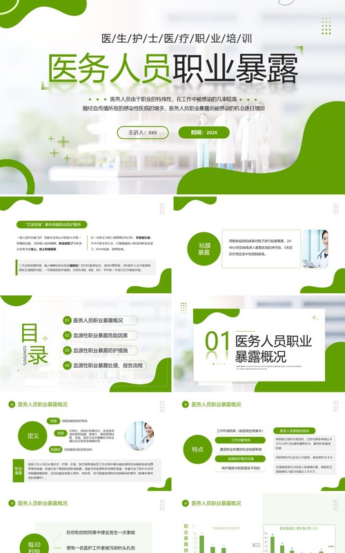 绿色简约风医务人员职业暴露医疗培训PPT模板