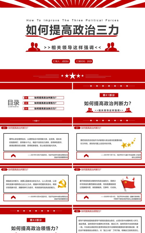 红色简约党政风如何提高政治三力PPT模板