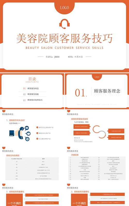 橙色简约美容院顾客服务技巧PPT模板