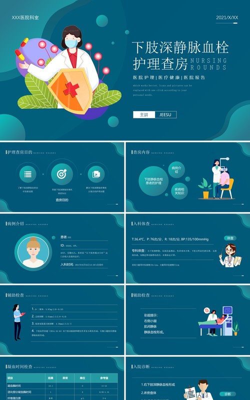 绿色卡通风下肢静脉血栓护理查房PPT模板