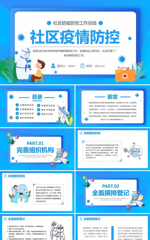 蓝色卡通社区疫情防控工作总结PPT模板