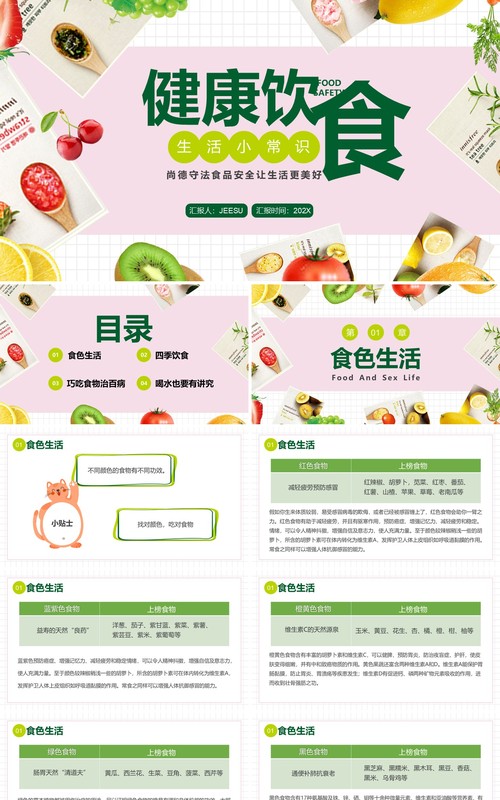 粉绿色简约健康饮食生活小常识PPT模板