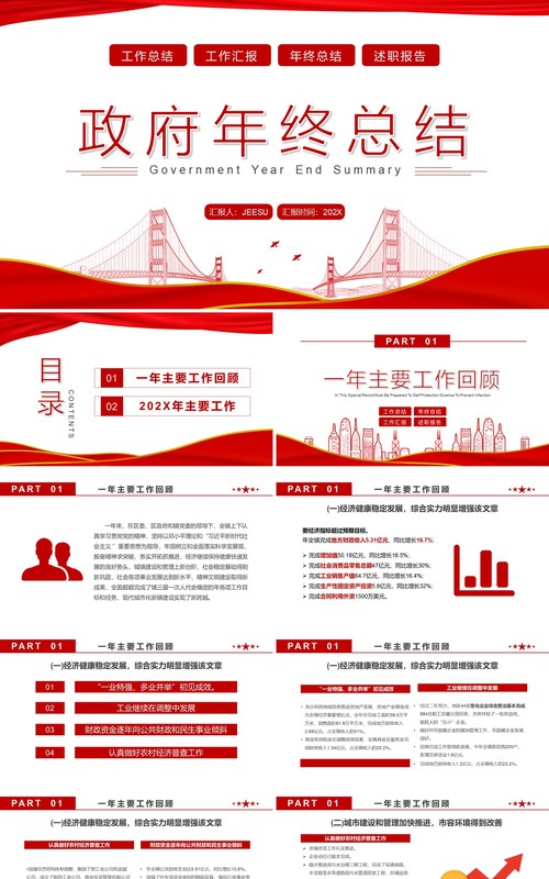 红色简约政府年终总结PPT动态模板