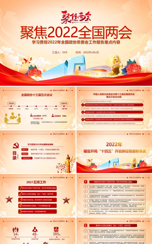 红色简约中国风聚焦2022年全国两会PPT模板