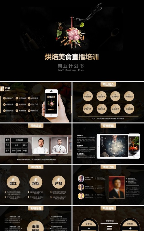 黑色烘焙美食电商直播培训商业计划书PPT模板