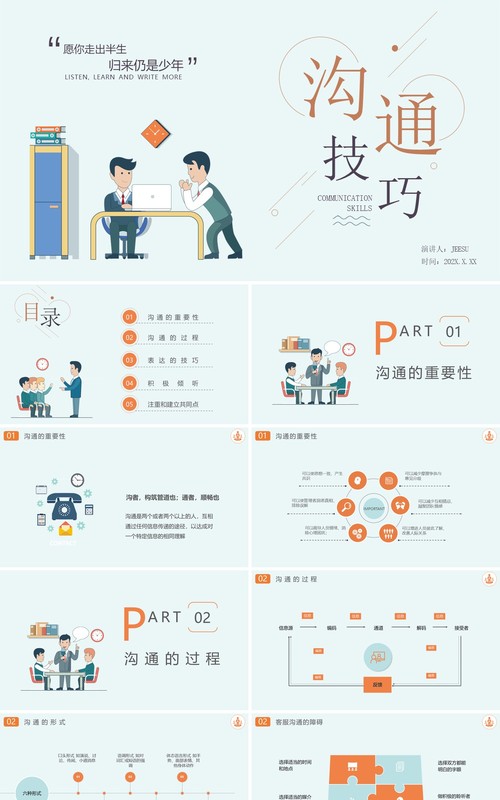 淡绿色扁平风企业沟通技巧培训课件PPT模板