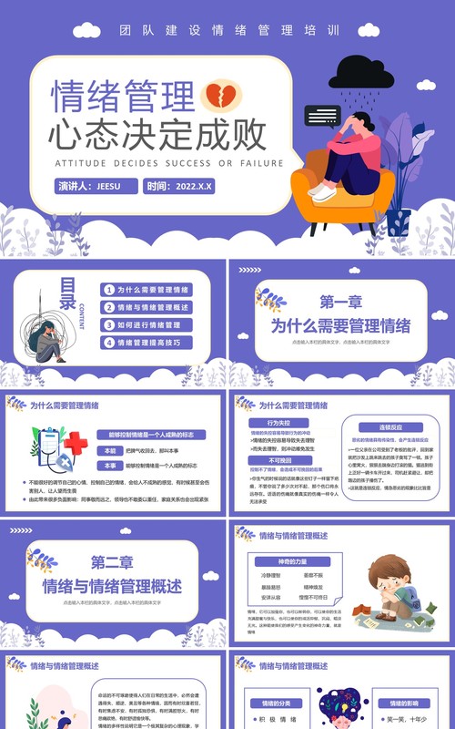 紫色插画扁平化情绪管理培训PPT模板