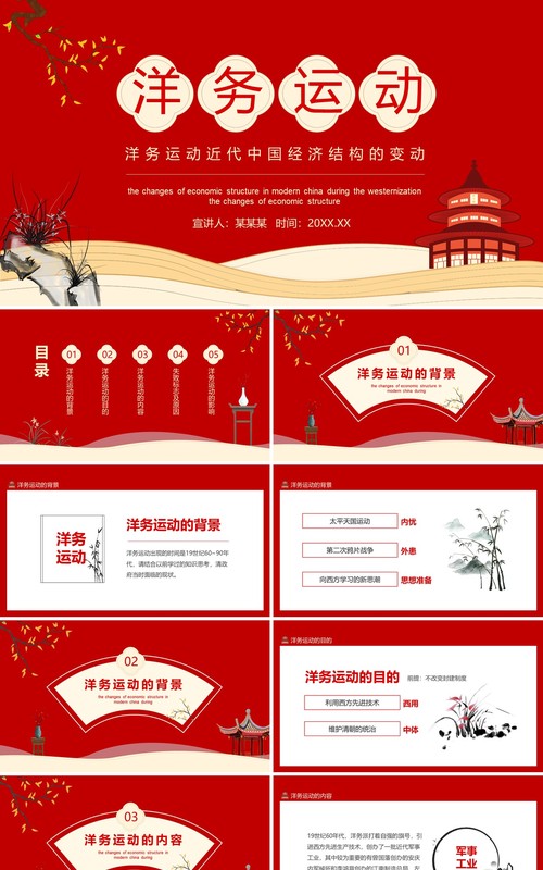红色洋务运动近代中国经济结构的变动动态PPT模板