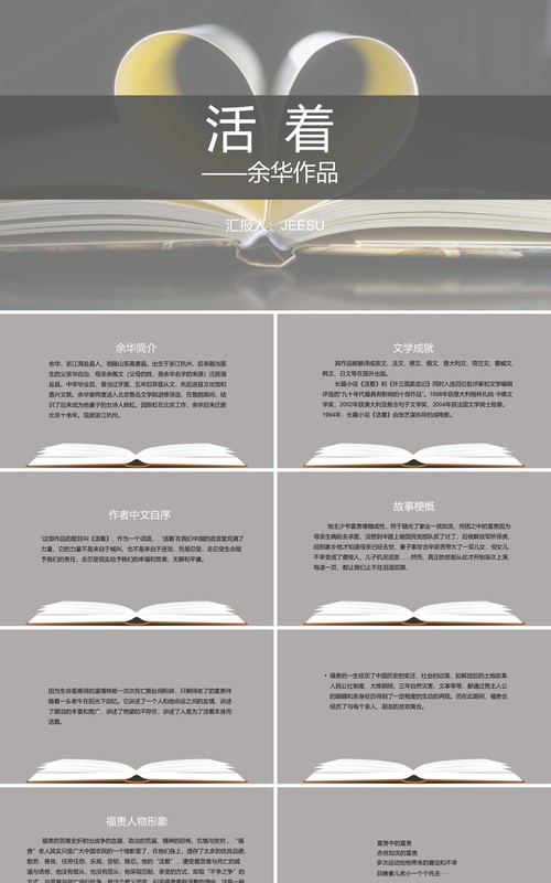 灰色简约余华作品-活着阅读赏析好书推荐PPT模板