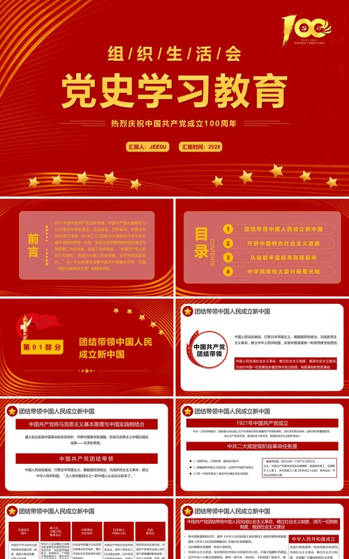 红色简约组织生活会党史学习教育PPT模板