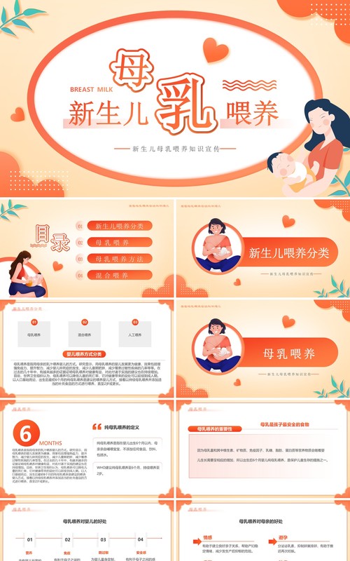 橙色卡通风新生儿母乳喂养知识PPT模板