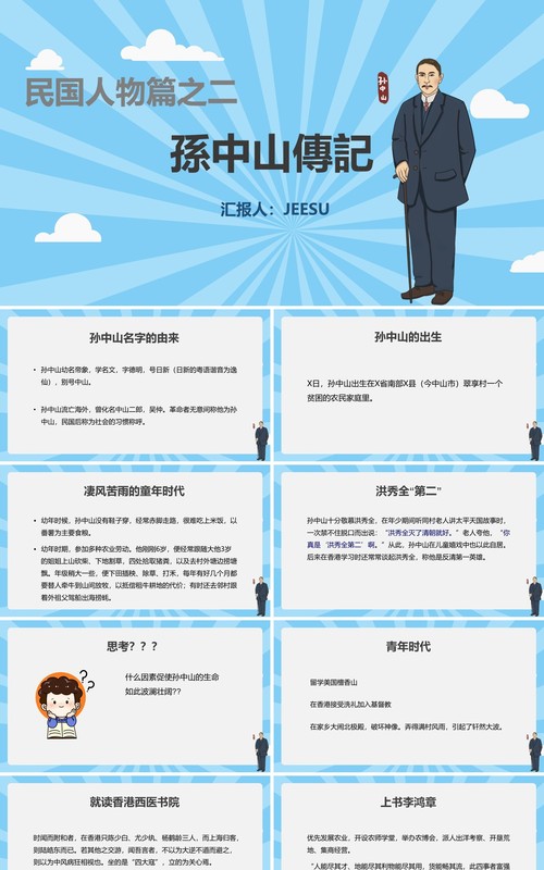 蓝色民国人物篇之孙中山传记PPT模板