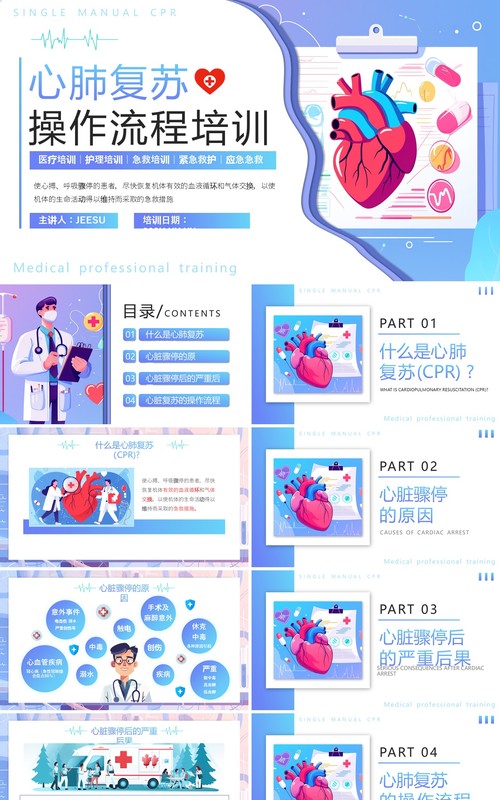 紫色扁平风心肺复苏操作流程培训PPT模板