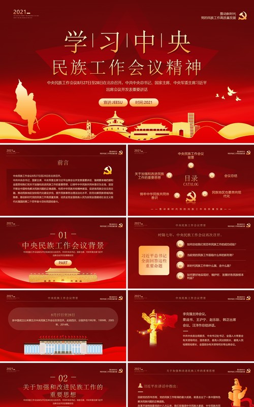 红金党政风学习中央民族工作会议精神PPT模板