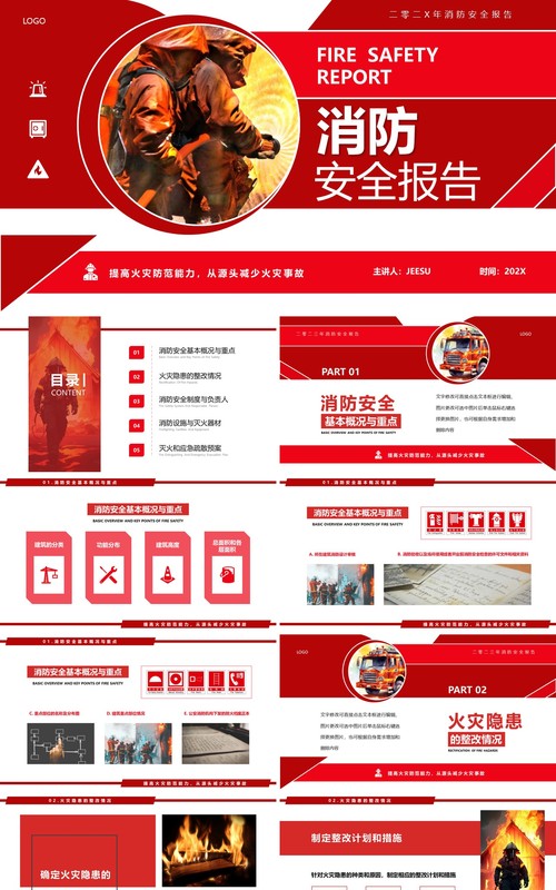 红色简约风消防安全报告PPT模板