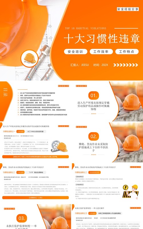 橙色简约风十大习惯性违章安全宣传PPT模板