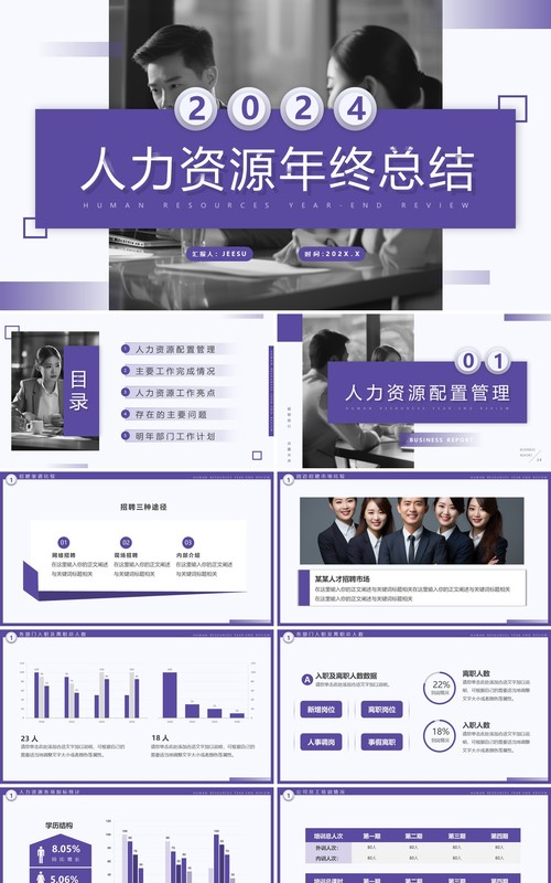 紫色简约风2024人力资源年终总结PPT模板