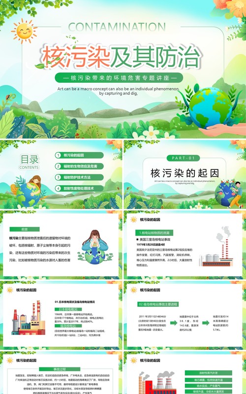 绿色卡通风核污染及其防治PPT模板